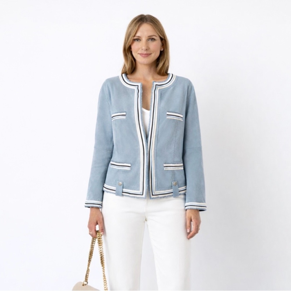Ness Blue Faux Suede Ribbon Trim Jacket Coastal Chic Structured Blazer Sz L💚